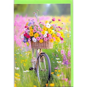 "Sykkel med blomsterkurv", Dbt blomsterkort grønn konvolutt