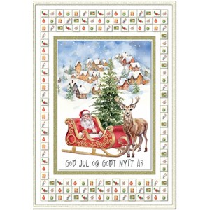 "God Jul og Godt Nytt År" Dbt preget kort - Nisse med slede