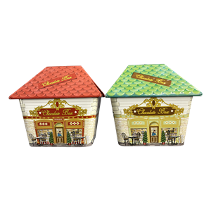 "Small House Chocolate Box" assortert rød og grønn metallhus